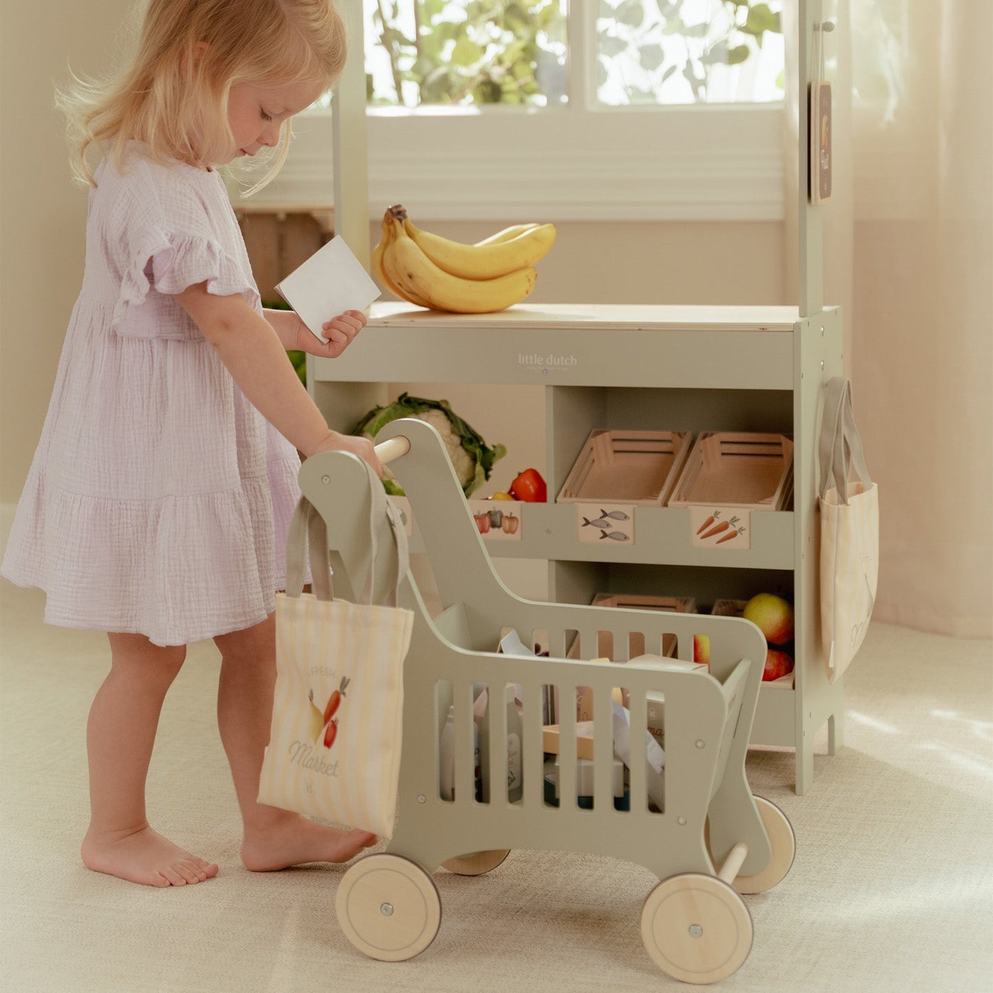 Kids Wooden Shopping Cart – Pretend Grocery Play Toy