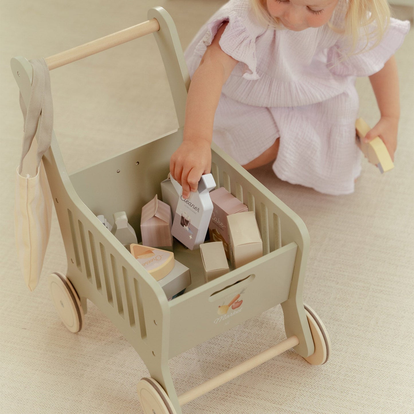 Kids Wooden Shopping Cart – Pretend Grocery Play Toy