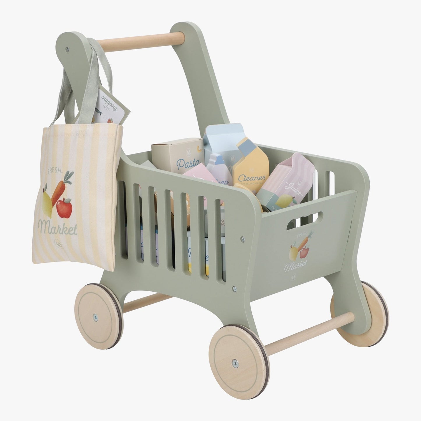 Kids Wooden Shopping Cart – Pretend Grocery Play Toy